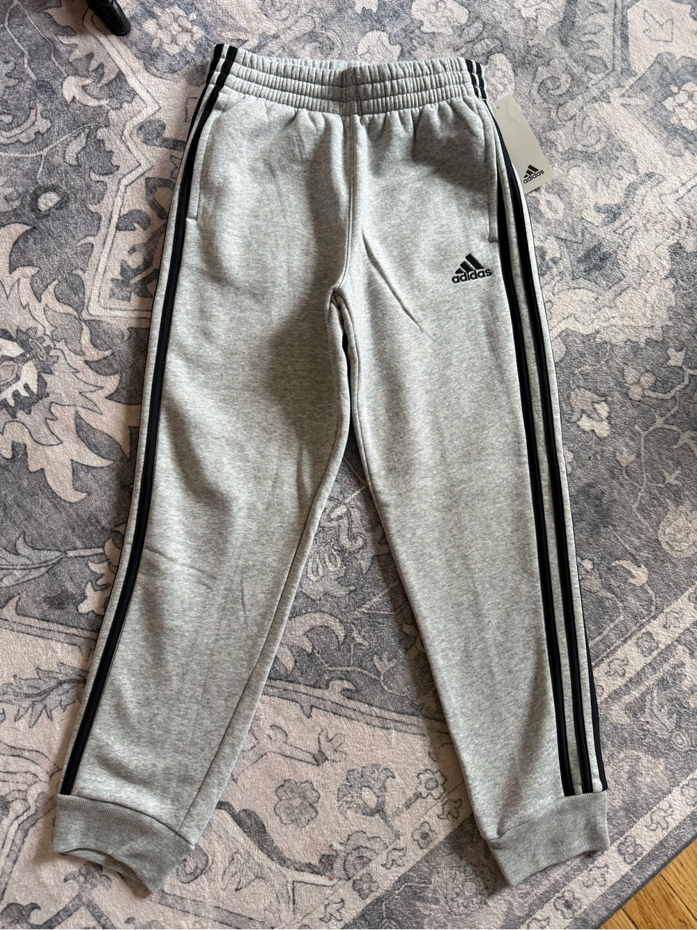 Adidas boys size 10/12 Grey Sweat Joggers with Black Stripes new